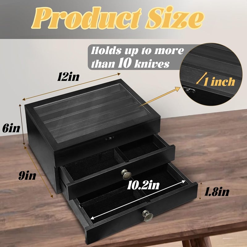 montex Knife Display Case,3 Layer Pocket Knife Display Case Wood, Knife Collection Display Case with Drawers, Pocket Knife Organizer for Gifts, Black - Image 2